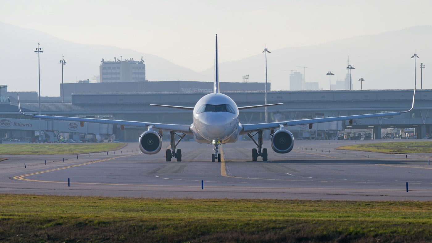 Commercial aircraft taxiing at an airport