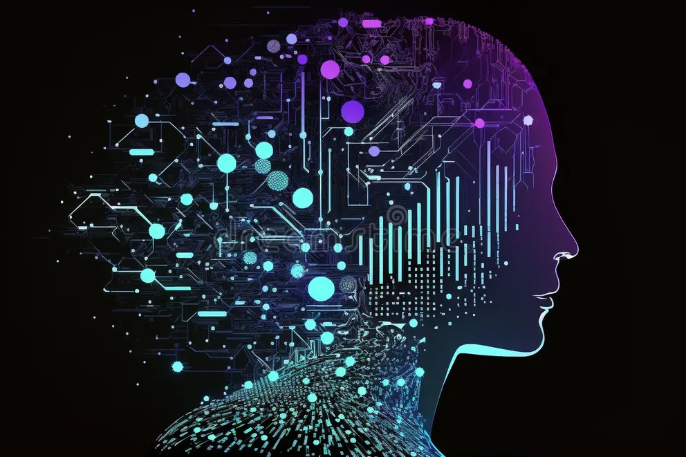 Illustrated human profile formed from digital circuits and coloured connection nodes