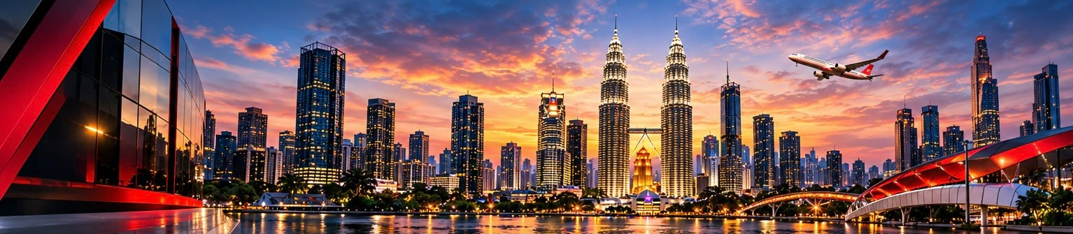 Wide illustration of the Kuala Lumpur skyline, waterfront and red bridge at sunset