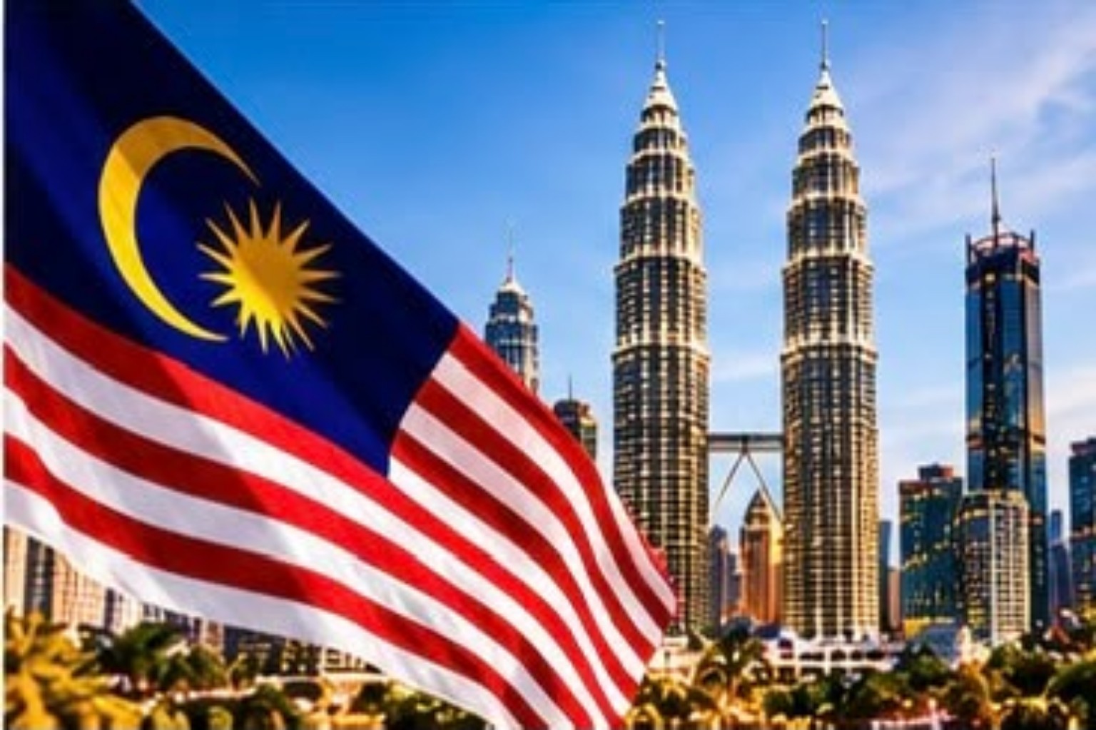 Malaysian flag in front of a Kuala Lumpur skyline illustration