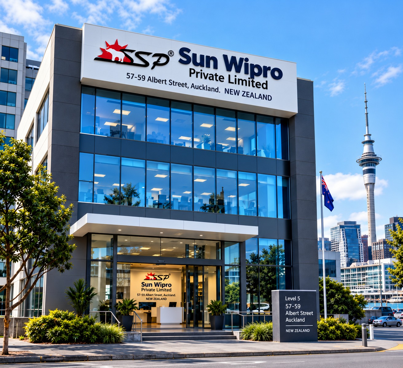 Supplied image of an Auckland office building with SSP-branded signage, blue-glass frontage and the Sky Tower in the background