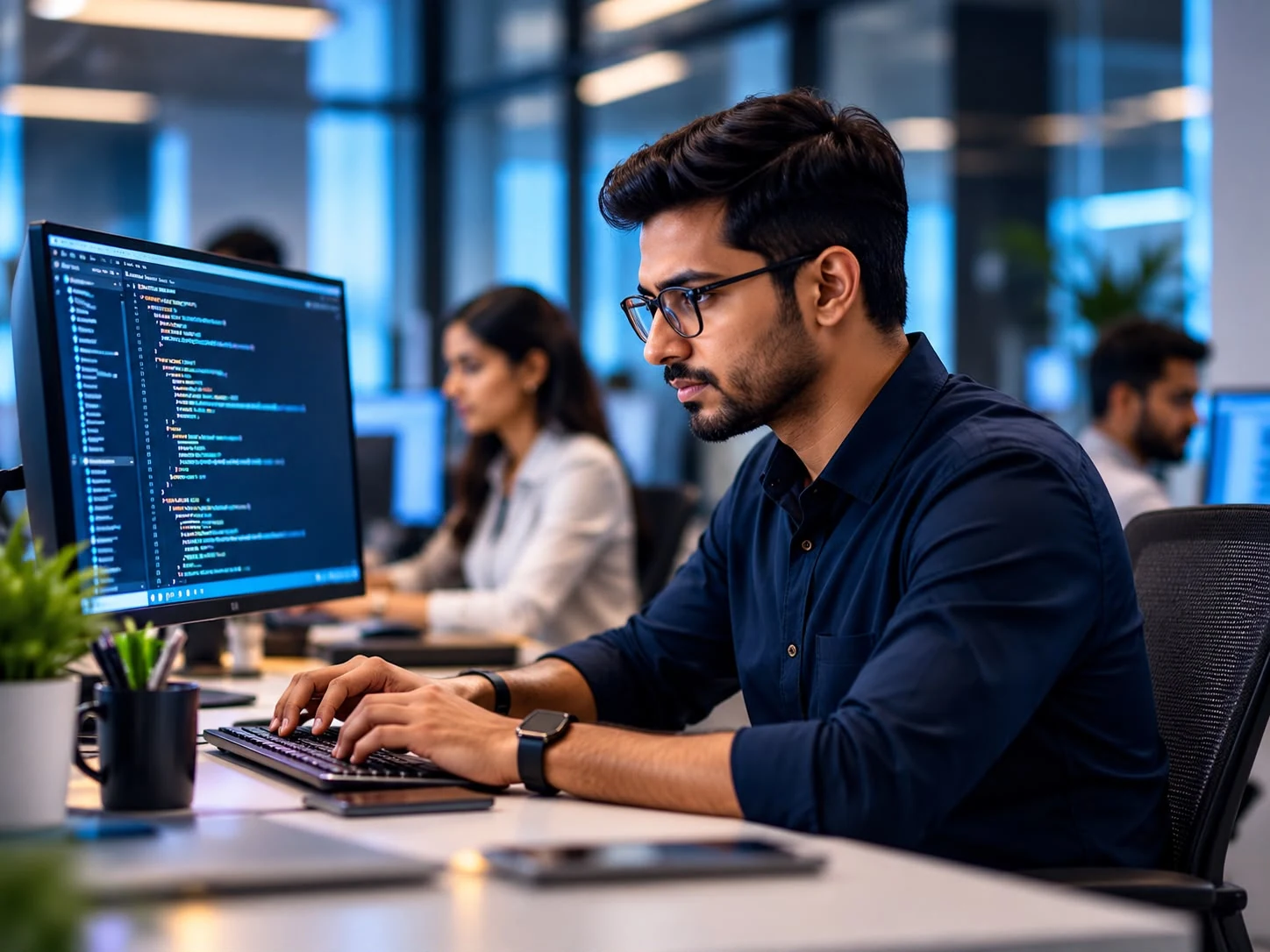 Software developer and colleagues working at computer screens