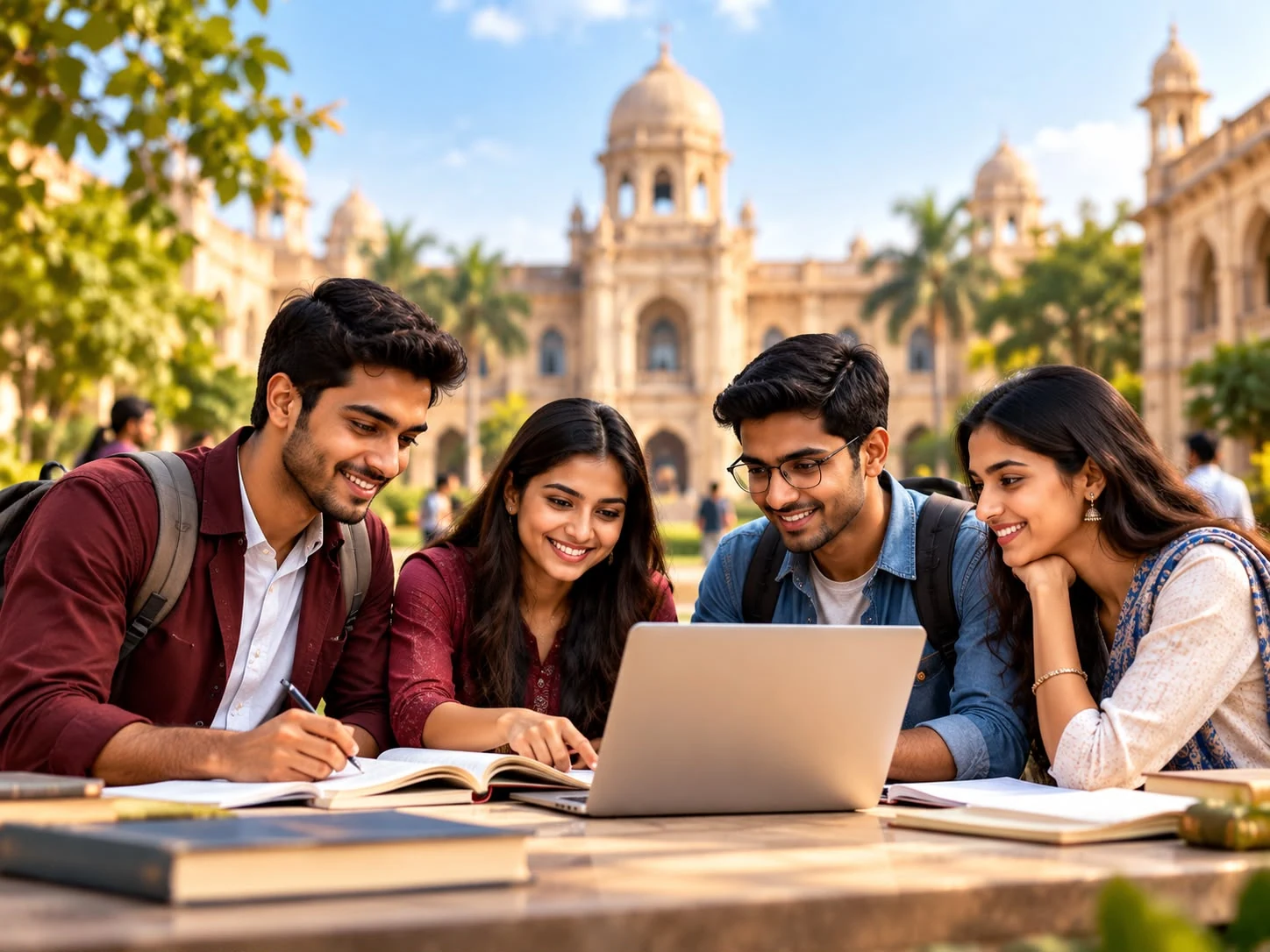 Students collaborating around a laptop in a heritage campus setting