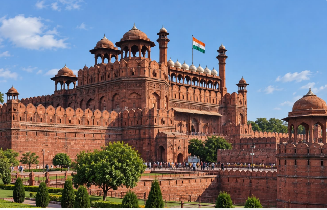 The Red Fort in Delhi beneath a blue sky