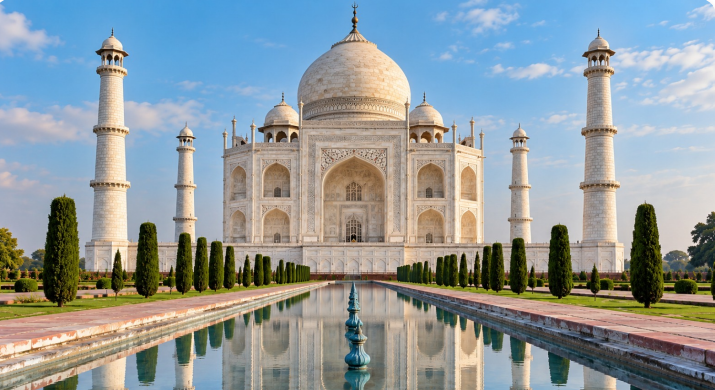 The Taj Mahal and reflecting pool in Agra