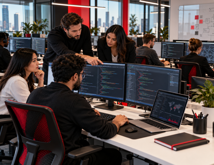 Technology team collaborating on software in an office