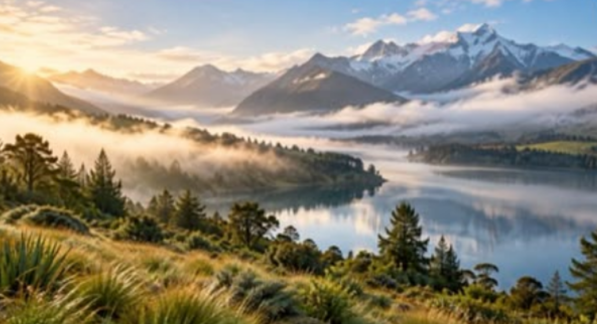A mountain lake and alpine range in New Zealand at sunrise