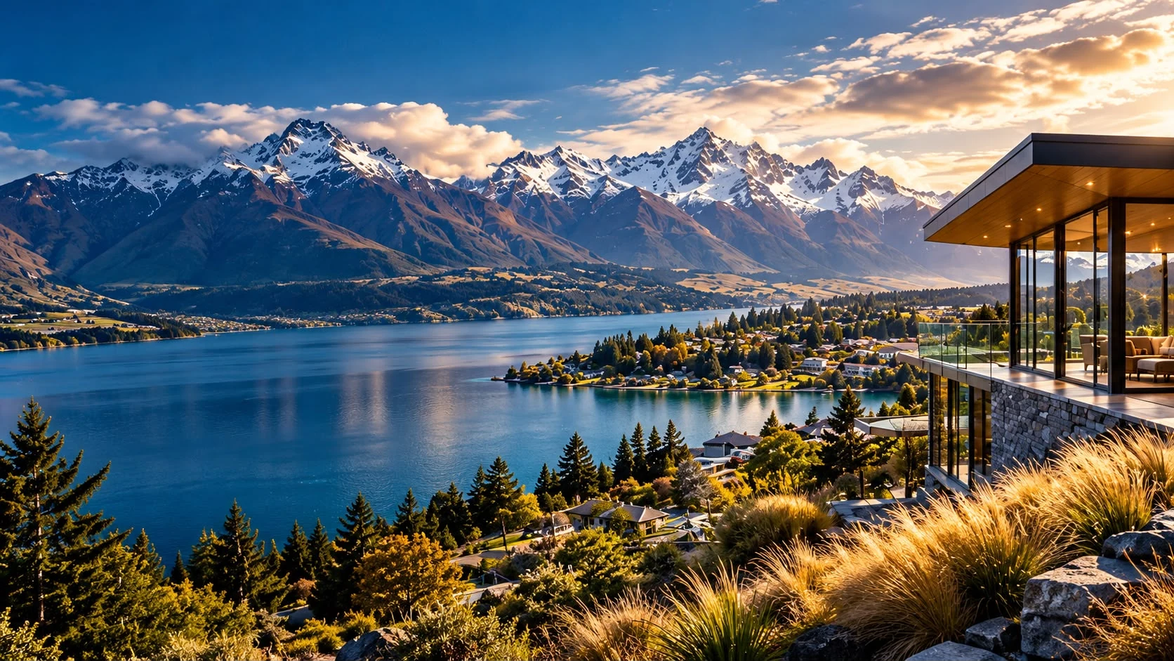 Lake, mountain landscape and modern hillside building in New Zealand themed imagery