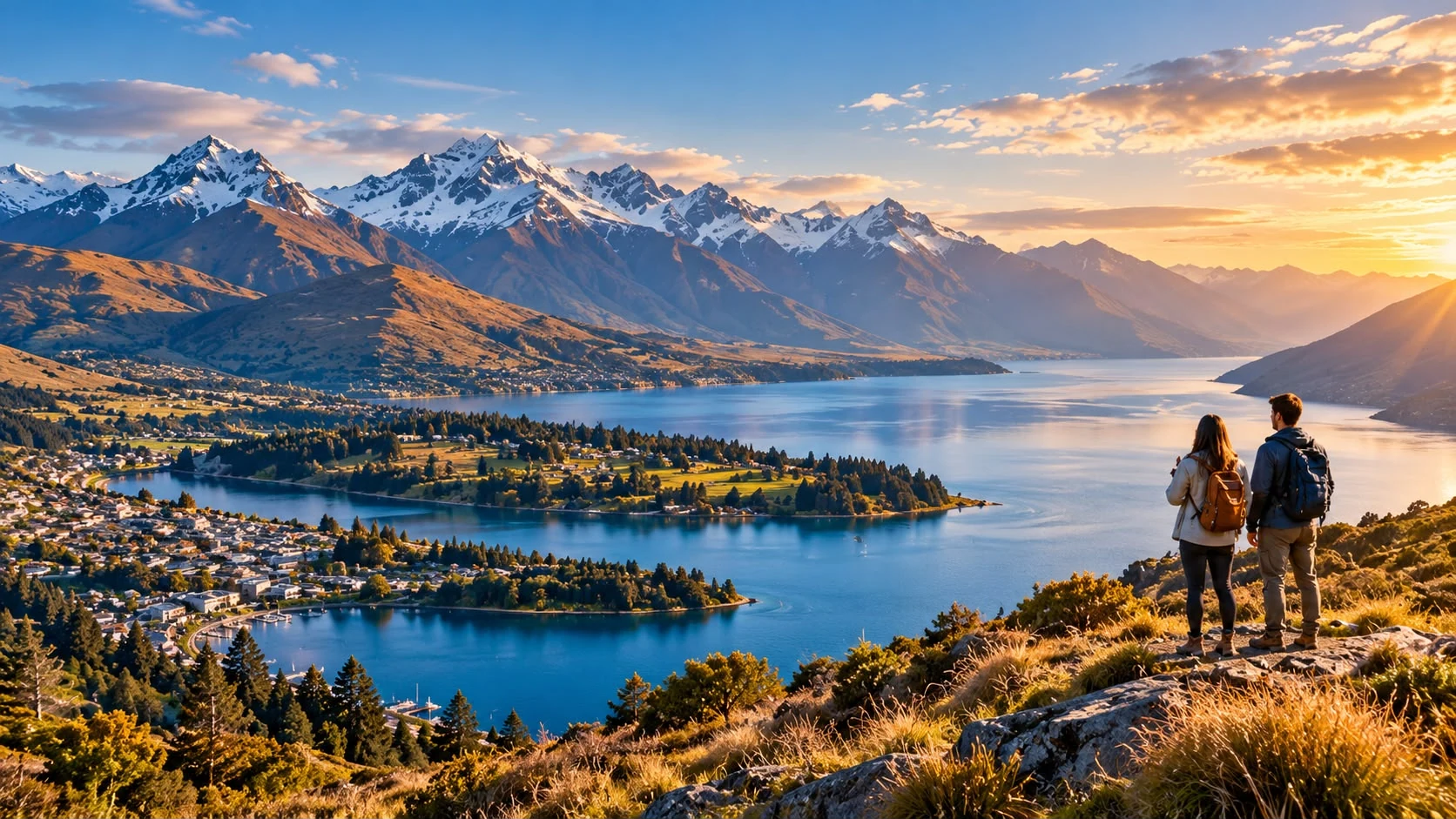 Two travellers overlooking a lake and mountain landscape