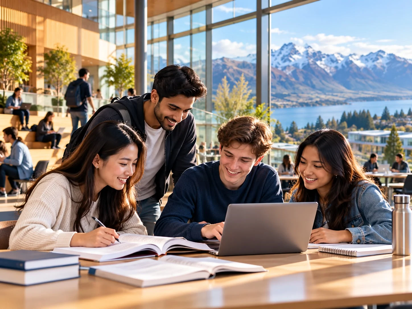 Students collaborating around a laptop in a campus setting