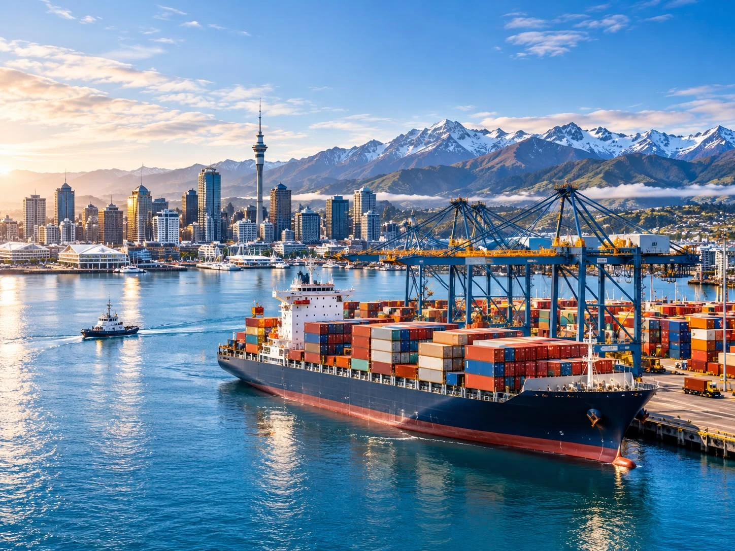 Concept image of a container ship, cranes and New Zealand themed city skyline