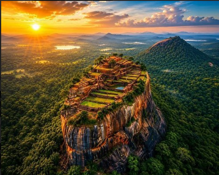 Sigiriya rock above forest at sunset
