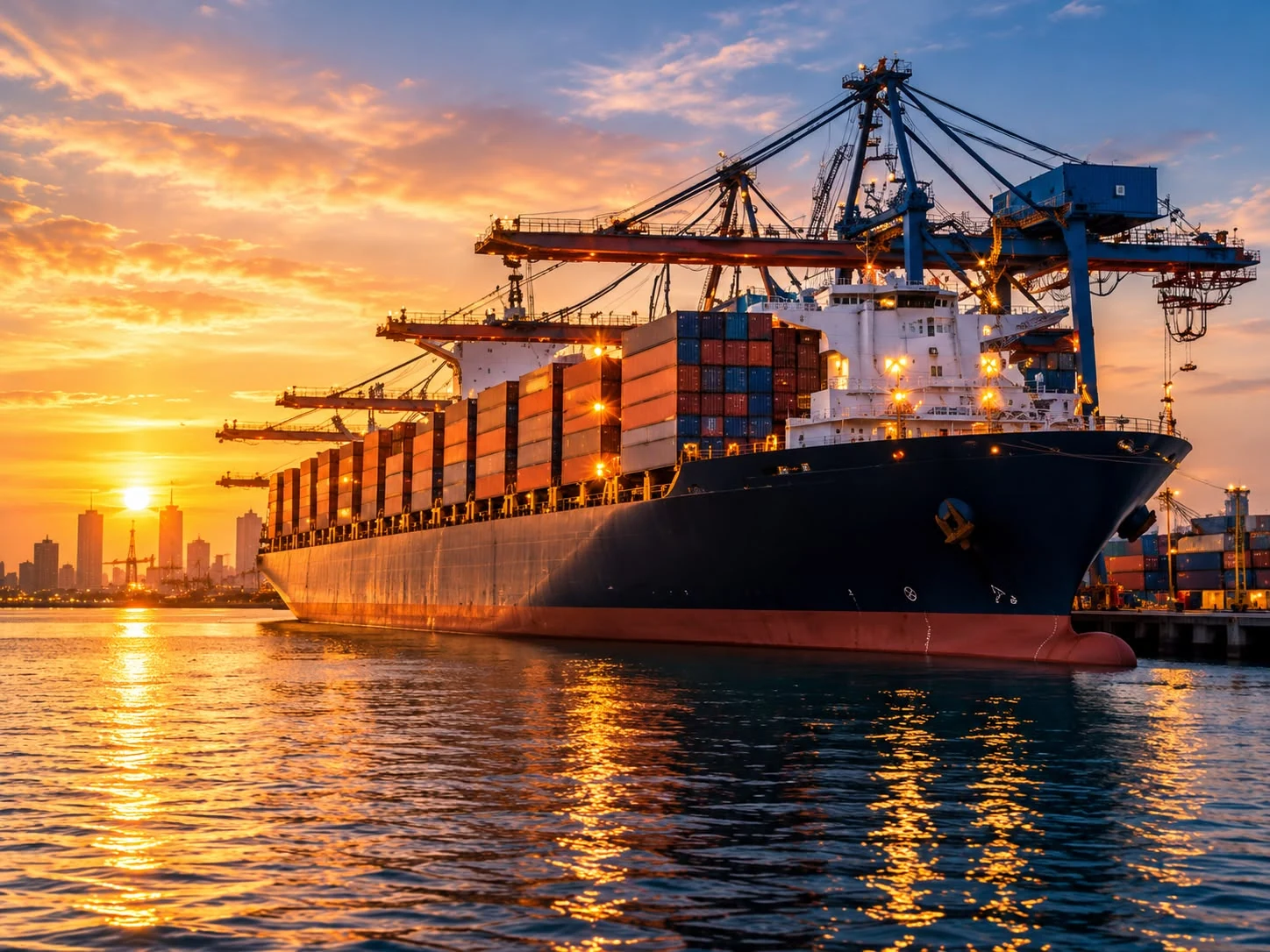 Container ship and cargo cranes at sunset