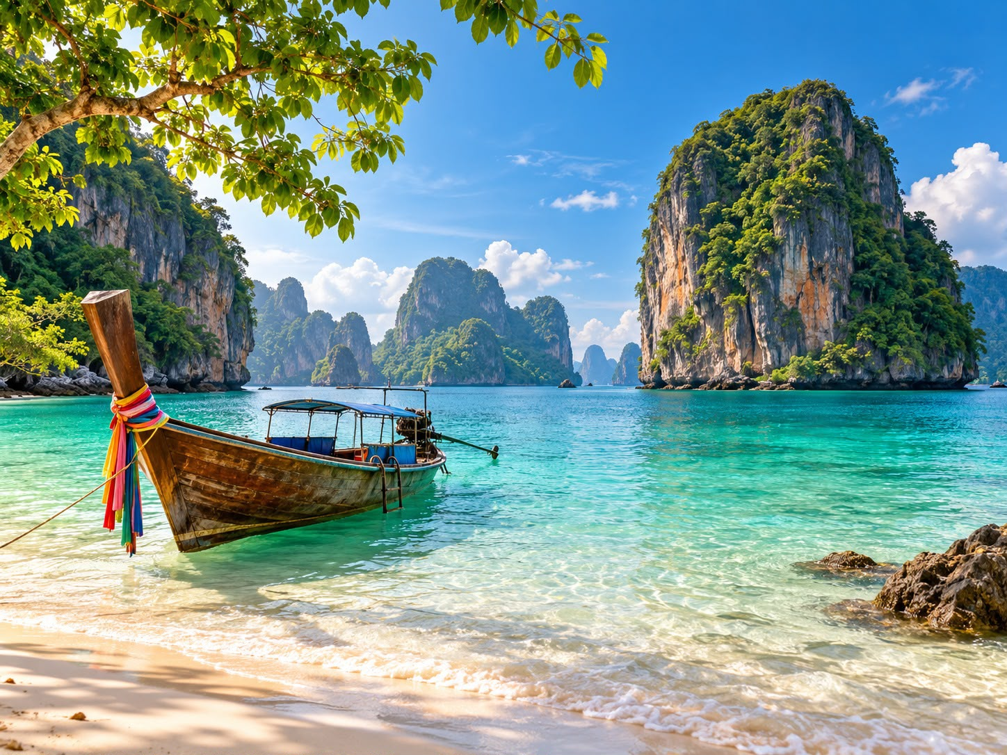 A traditional long-tail boat in turquoise water beneath limestone cliffs in Thailand