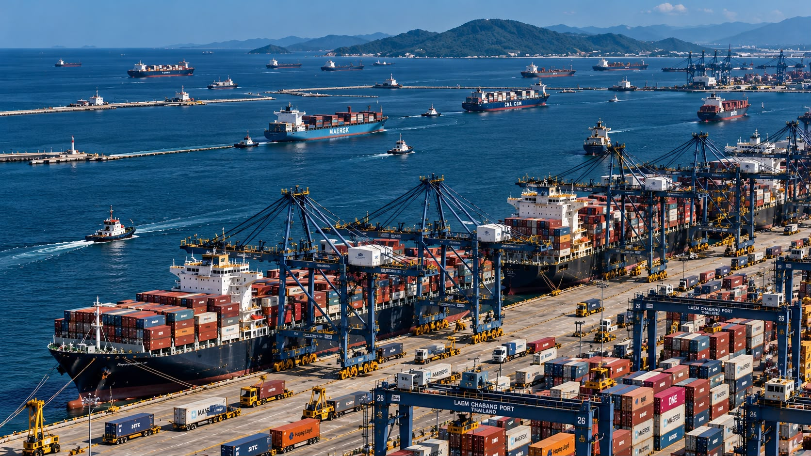 Container ships and freight cranes at Laem Chabang Port in Thailand