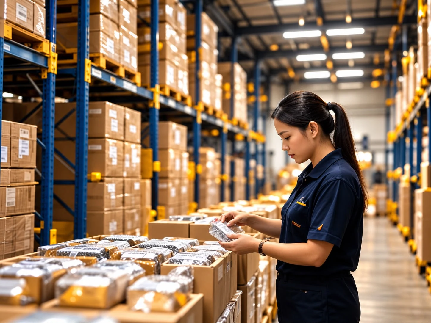 Worker inspecting packaged products in a warehouse