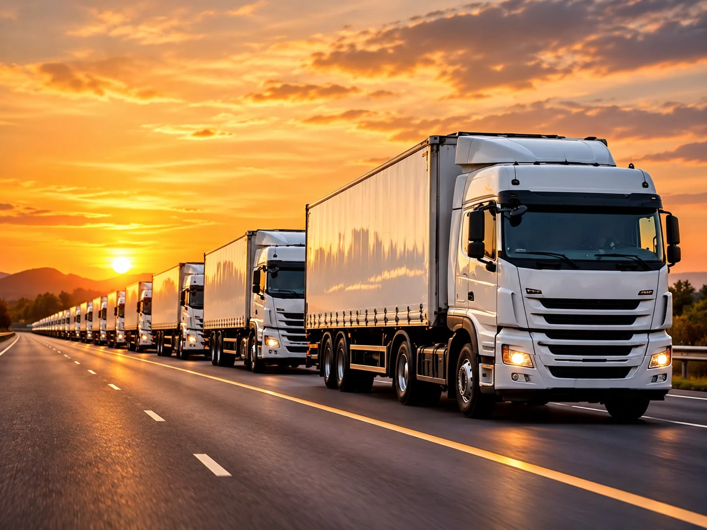 A line of freight trucks on a road at sunset