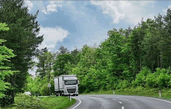 A white cargo truck travelling on a road surrounded by green trees