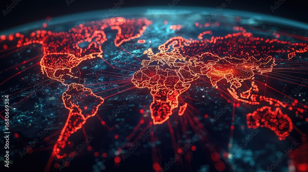 Red illuminated world map representing Sun Wiprov Group’s global business connections